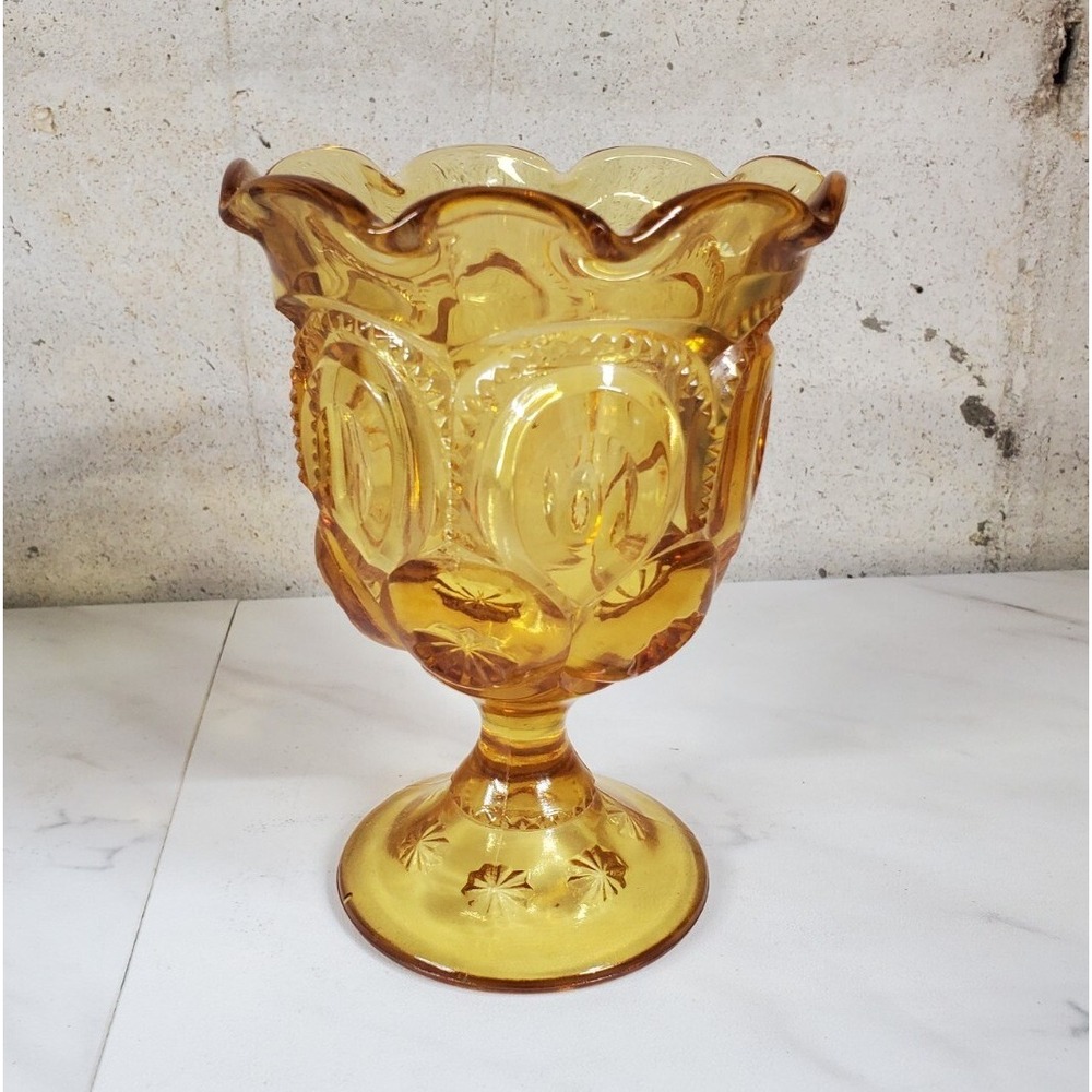 Vintage‎ LE Smith MCM Amber Moon and Stars Ruffled Pedestal Compote 6"